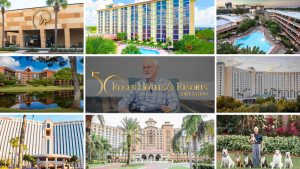 Collage of Harris Rosen and his seven hotels in Orlando Florida for 50th Anniversary